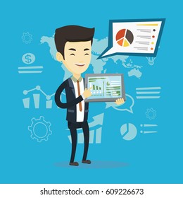 Asian businessman presenting report with a digital tablet on the background of graphs. Businessman pointing at the charts on tablet computer screen. Vector flat design illustration. Square layout.