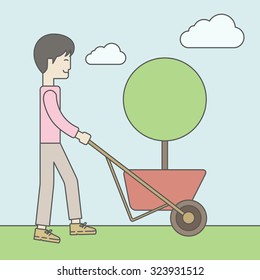 An asian businessman pushing the cart with green tree. Business growth concept. Vector line design illustration. Square layout.