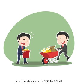 Asian Businessman Pushing Wheelbarrow Full of Coins and Make His Friend Surprised
