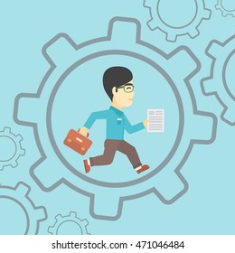 An asian businessman running with a briefcase and a document inside the gear. Concept of stress in business. Vector flat design illustration. Square layout.