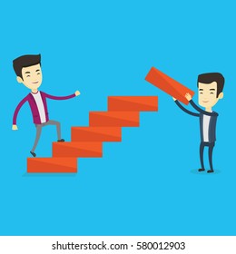 Asian businessman runs up the career ladder while another man builds this ladder. Businessman climbing the career ladder. Concept of business career. Vector flat design illustration. Square layout