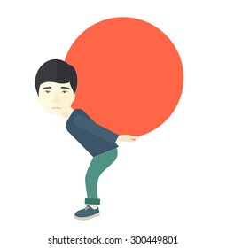 An asian businessman sacrifice in carrying a big ball going up to reach the goal concept. A Contemporary style. Vector flat design illustration isolated white background. Square layout.