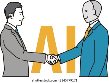 Asian businessman shaking hands with AI