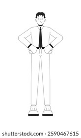 Asian businessman in shirt tie with hands on hips black and white 2D line character. Office worker male modern professional isolated vector outline person. Monochromatic spot illustration