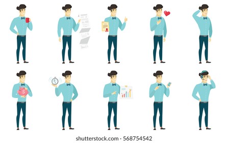 Asian businessman showing ringing alarm clock. Full length of businessman with alarm clock. Happy businessman holding alarm clock. Set of vector flat design illustrations isolated on white background.
