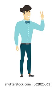 Asian businessman showing the victory gesture. Businessman showing the victory sign with two fingers. Businessman with victory gesture. Vector flat design illustration isolated on white background.