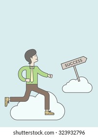 An asian businessman in the sky moving to success. Successful business concept. Vector line design illustration. Vertical layout with a text space.