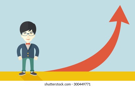 An asian businessman standing beside the red arrow pointing up. Successful business concept. A Contemporary style with pastel palette, soft blue tinted background. Vector flat design illustration