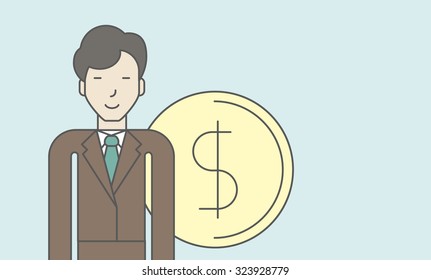 An asian businessman standing with dollar coin beside him. Successful business concept. Vector line design illustration. Horisontal layout with a text space.