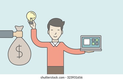 An asian businessman standing with laptop on a hand exchanges his idea bulb to money bag. Successful business concept. Vector line design illustration. Horizontal layout with a text space.
