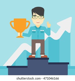 An asian businessman standing on a pedestal with winner cup. Businessman celebrating his business award. Business award concept. Vector flat design illustration. Square layout.