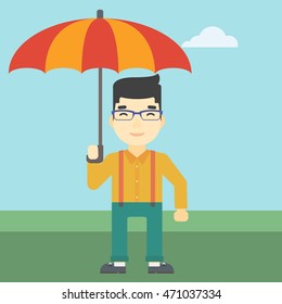 An asian businessman standing with open umbrella on the background of blue sky. Businessman under open umbrella. Happy man with umbrella. Vector flat design illustration. Square layout.