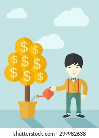 An asian businessman standing while happily watering a money tree growing bigger in a pot as a sign of his success in business. Hardworking concept. A contemporary style with pastel palette soft blue