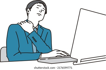 Asian businessman with stiff shoulders at desk work