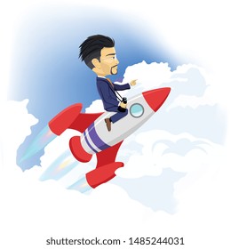 Asian businessman in a suit holding binoculars riding a rocket in space in a concept of success and a business start-up in a colorful vector illustration