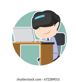 asian businessman with vr headset using laptop in circle