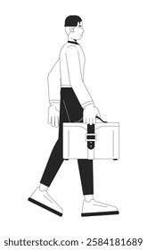 Asian businessman walking confidently with briefcase black and white 2D line character. Professional korean man business stride isolated vector outline person. Monochromatic spot illustration