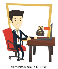 Asian businessman working in office and bag of money coming out of laptop. Man earning money from online business. Online business concept. Vector flat design illustration isolated on white background