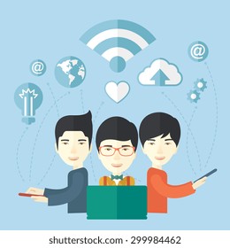 An asian businessmen using different kind of modern technology with internet wifi, bulb, cloud with downloading symbol, global and gear in the picture. Business concept. A Contemporary style with