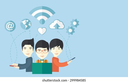 An asian businessmen using different kind of modern technology with internet wifi, bulb, cloud with downloading symbol, global and gear in the picture. Business concept. A Contemporary style with