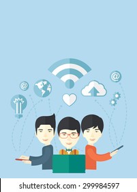 An asian businessmen using different kind of modern technology with internet wifi, bulb, cloud with downloading symbol, global and gear in the picture. Business concept. A Contemporary style with