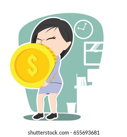 asian businesswoman carrying giant coin