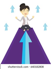 Asian businesswoman doing yoga on a mountain with arrow going up. Business woman meditating in yoga lotus pose on the top of mountain. Vector flat design illustration isolated on white background.