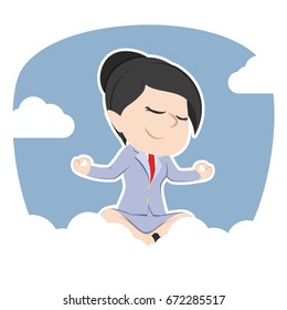 asian businesswoman doing yoga on clouds