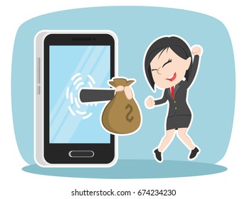 asian businesswoman happy got money from smartphone