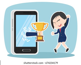 asian businesswoman happy got trophy from smartphone