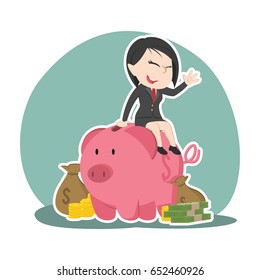 asian businesswoman on piggy bank with a lot of money