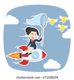 asian businesswoman on rocket chasing flying ideas