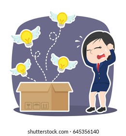 asian businesswoman panic because her ideas fly away