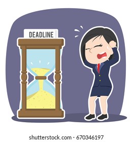 asian businesswoman in panic with deadline hourglass