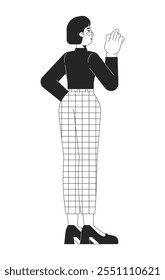 Asian businesswoman with pointing gesture rear view black and white 2D line character. Young adult female corporate employee isolated vector outline person. Monochromatic spot illustration