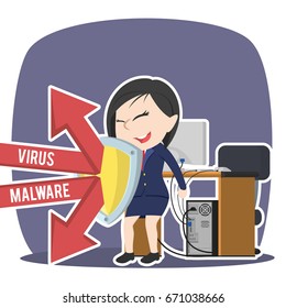 asian businesswoman protecting her computer from threats
