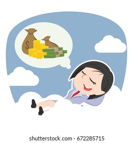 asian businesswoman relaxing on clouds thinking about money