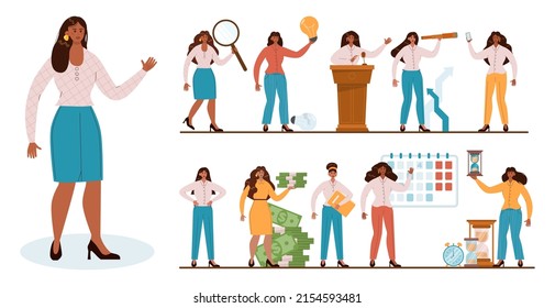 Asian Businesswoman Set. Characters Wearing Business Casual Clothing In Different Poses And Doing Different Activities. Office Presentation, Planning And Business Development. Flat Vector Illustration