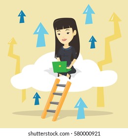 Asian businesswoman sitting on a cloud and working on a laptop. Happy businesswoman using cloud computing technology. Cloud computing technology concept. Vector flat design illustration. Square layout