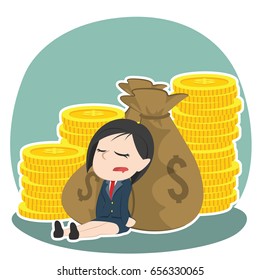 asian businesswoman sleeping on money