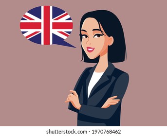 Asian Businesswoman Speaking English Vector Cartoon. Businessperson speaking foreign language for international trade deals
