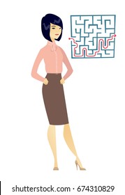 Asian businesswoman thinking about business solution. Young businesswoman looking at labyrinth with solution. Business solution concept. Vector flat design illustration isolated on white background.