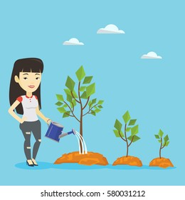 Asian businesswoman watering trees of three sizes. Young smiling businesswoman watering trees with watering can. Business growth and investment concept. Vector flat design illustration. Square layout.