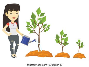 Asian businesswoman watering trees of three sizes. Businesswoman watering trees with watering can. Business growth and investment concept. Vector flat design illustration isolated on white background.