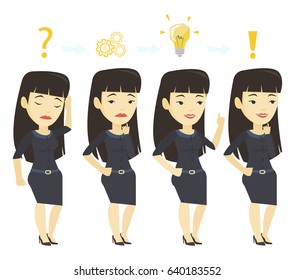 Asian businesswoman working on a new business plan. Young concentrated businesswoman during business planning. Business planning concept. Vector flat design illustration isolated on white background.