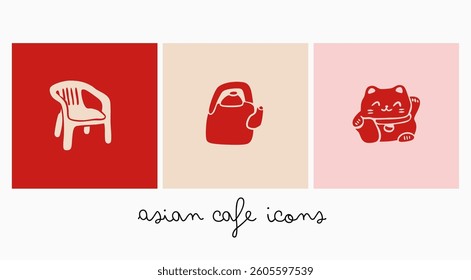 Asian cafe icon set. Plastic chair, Maneki-neko cat, teapot. Hand drawn modern Vector illustration. Isolated design elements. Logo, branding, sticker, web, print templates