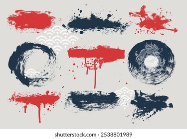 Asian calligraphy brushstroke set. Straight ink vector lines pack. Chinese or Japanese calligraphy. Long and round hand drawn brush text, frames, circles. Rough grunge abstract red, black scribbles.