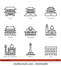 Asian Capitals (Part 1) - Line Style Icon Set