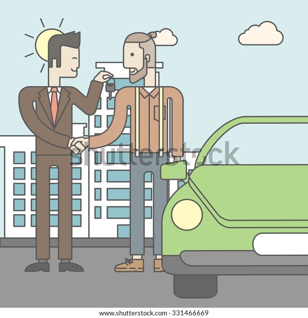 An asian car salesman giving the car keys to a\
new owner on city background. Vector line design illustration.\
Square layout.