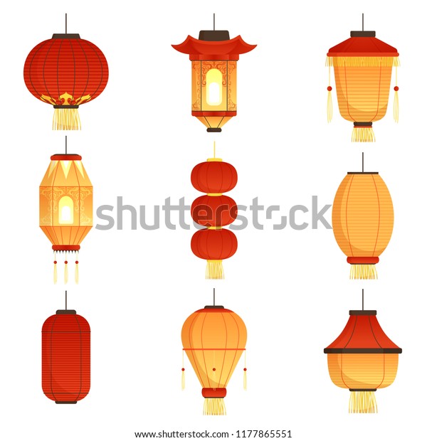 Asian cartoon lanterns. Chinese and chinatown\
festival papers lanterns vector illustrations. Holiday chinese\
elements, china asian lamp\
paper